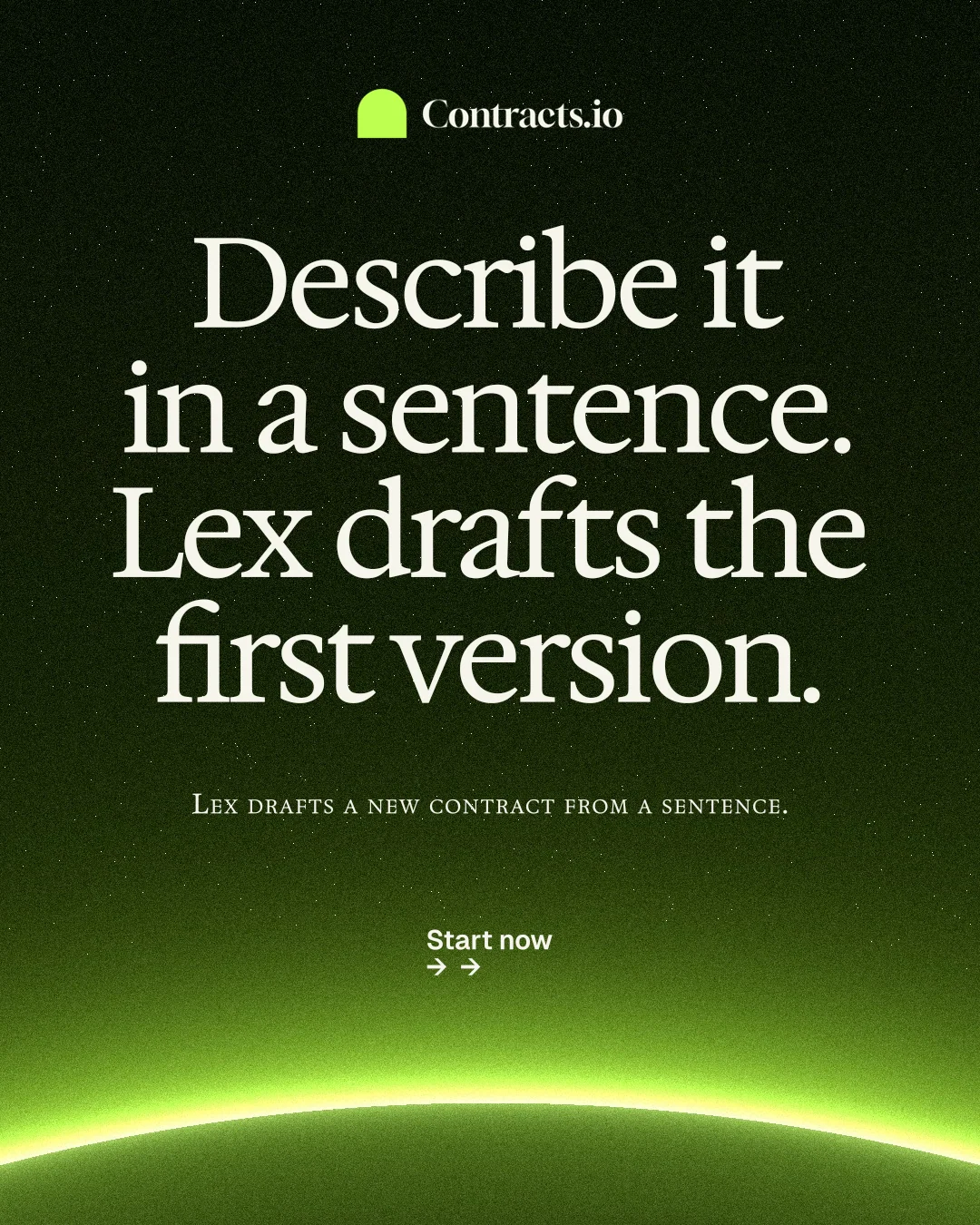 Instagram portrait post for contracts.io: "Describe it in a sentence. Lex drafts the first version." Swiss style, smallcaps layout, dark palette in green, black.