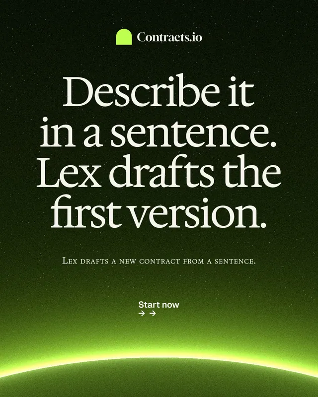 Instagram portrait post for contracts.io: "Describe it in a sentence. Lex drafts the first version." Swiss style, smallcaps layout, dark palette in green, black.