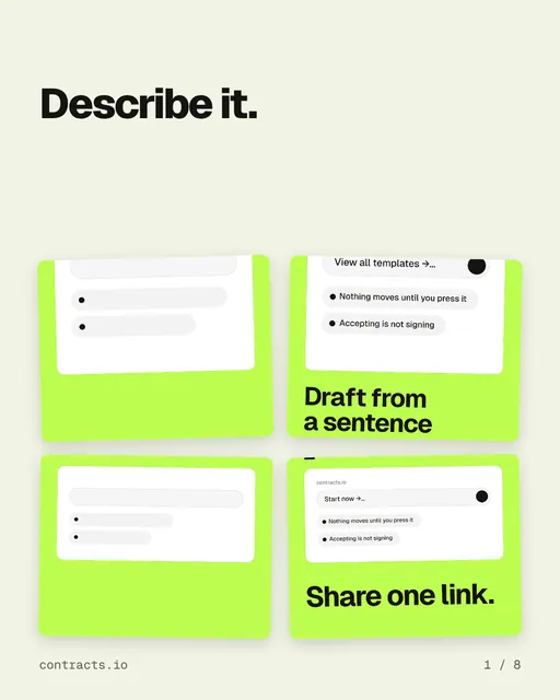 Carousel for contracts.io: "Describe it.". Collection carousel, 8 slides, light palette.