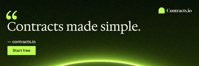 X header for contracts.io: "Contracts made simple." Swiss style, quote layout, dark palette in black, green.