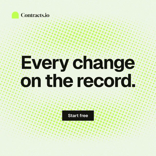 Instagram post for contracts.io: "Every change on the record." Swiss style, centred layout, light palette in white, green, grey.