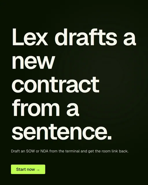 Video for contracts.io: "Lex drafts a new contract from a sentence.". Kinetic type grid, 8.0 s, dark palette.