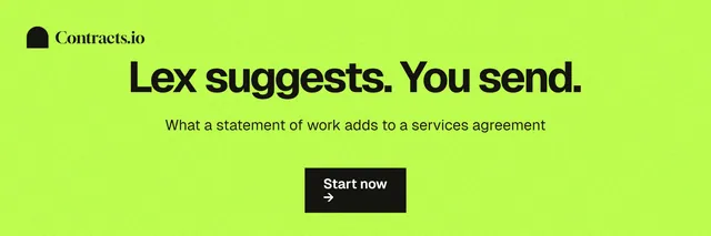 X header for contracts.io: "Lex suggests. You send." Swiss style, centred layout, light palette in green.