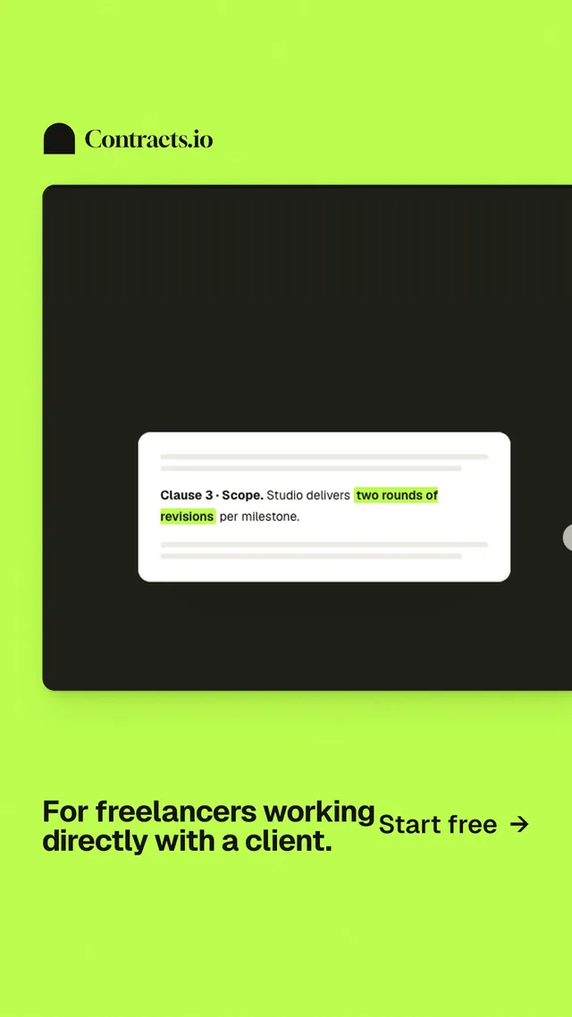 Instagram story for contracts.io: "For freelancers working directly with a client." Swiss style, image led layout, light palette in green, black.