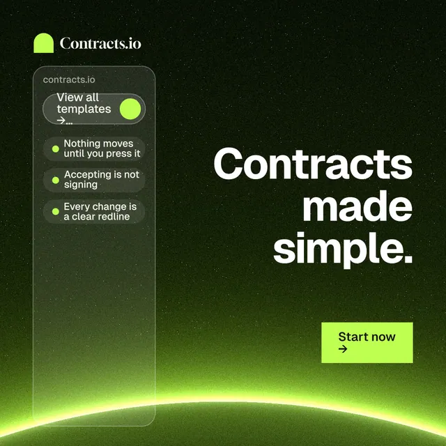 Instagram post for contracts.io: "Contracts made simple." Swiss style, right layout, dark palette in green, black.