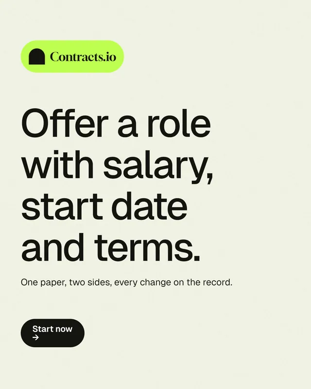Instagram portrait post for contracts.io: "Offer a role with salary, start date and terms." Data card style, announce layout, light palette in white, yellow, grey.