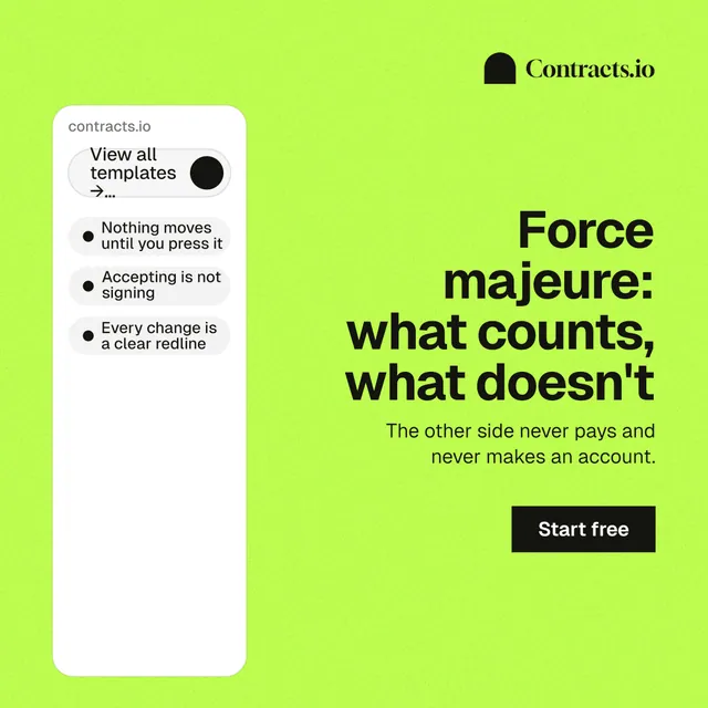 Instagram post for contracts.io: "Force majeure: what counts, what doesn't". Swiss style, right layout, light palette in green.