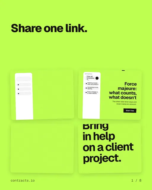 Carousel for contracts.io: "Share one link.". Collection carousel, 8 slides, light palette.