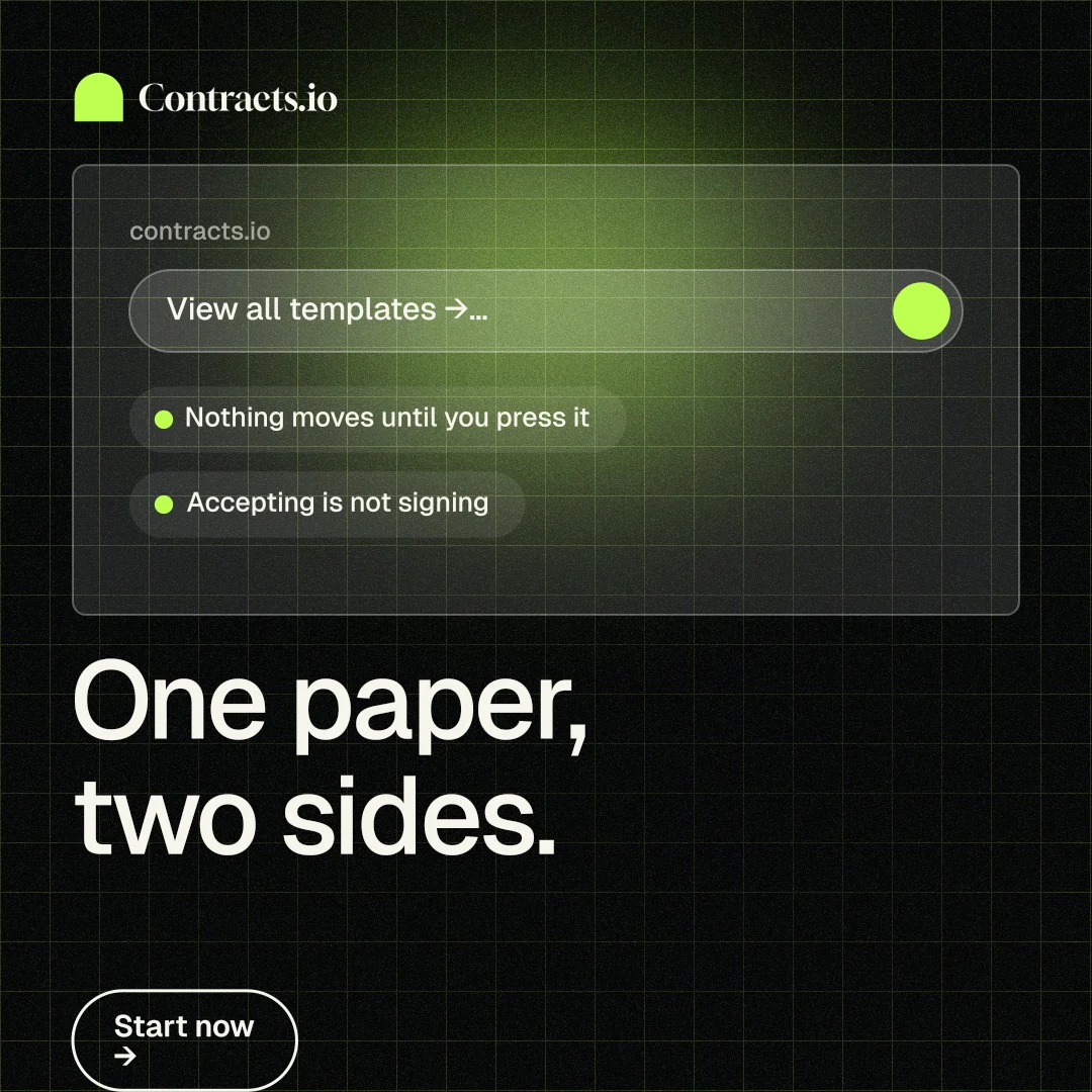 Instagram post for contracts.io: "One paper, two sides." Phosphor atlas style, bottom layout, dark palette in black, grey.
