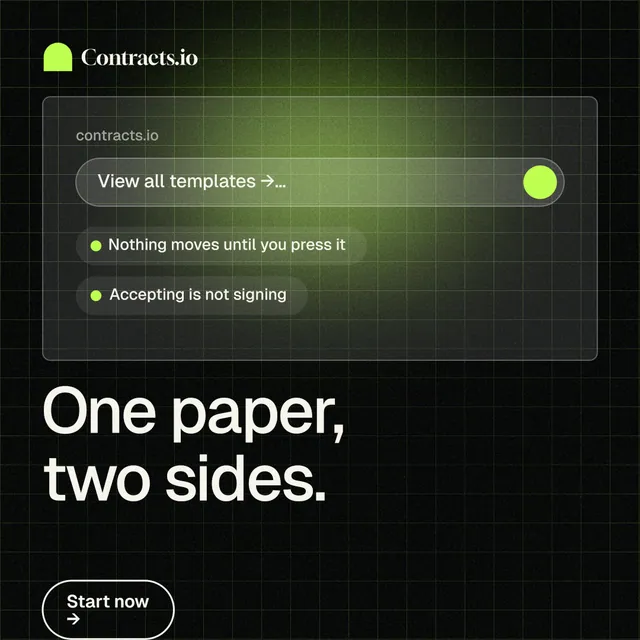 Instagram post for contracts.io: "One paper, two sides." Phosphor atlas style, bottom layout, dark palette in black, grey.