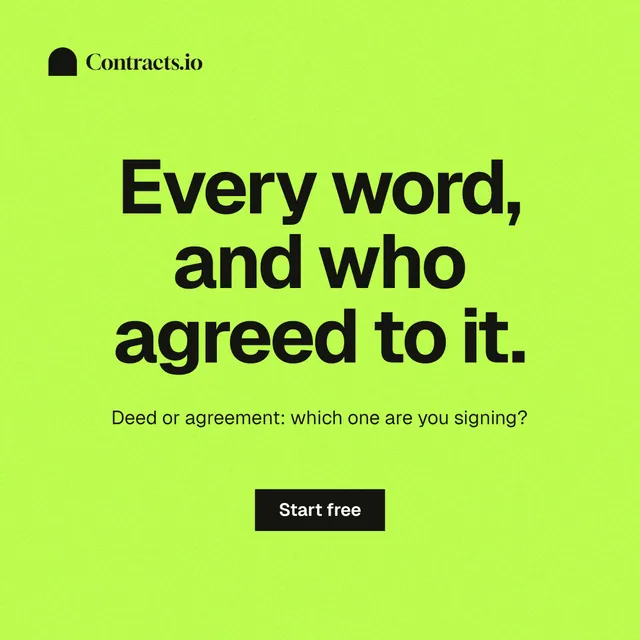 Instagram post for contracts.io: "Every word, and who agreed to it." Swiss style, centred layout, light palette in green.