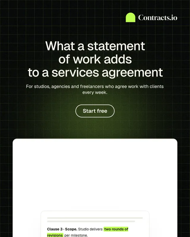 Instagram portrait post for contracts.io: "What a statement of work adds to a services agreement". Phosphor atlas style, centred layout, dark palette in white, black, grey.