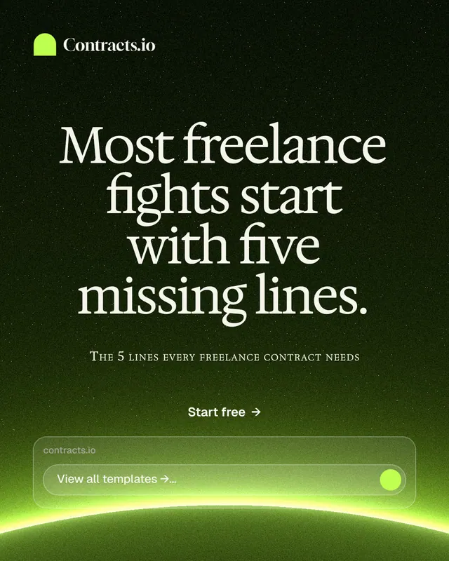 Instagram portrait post for contracts.io: "Most freelance fights start with five missing lines." Swiss style, smallcaps layout, dark palette in black, green.