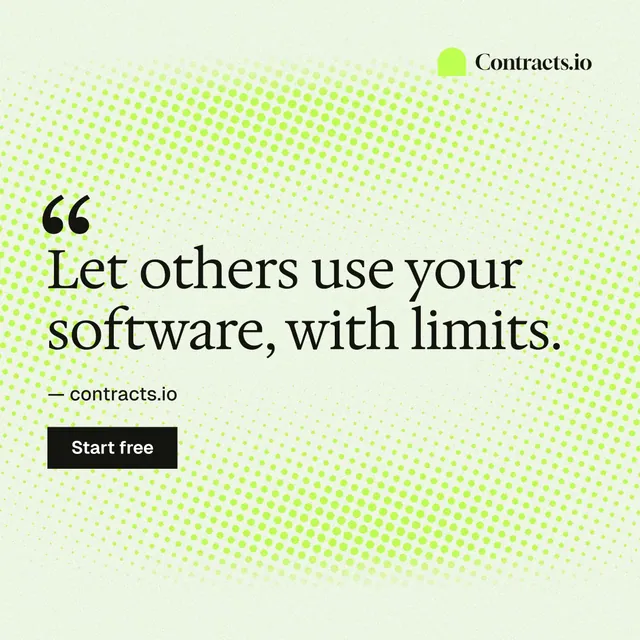 Instagram post for contracts.io: "Let others use your software, with limits." Swiss style, quote layout, light palette in green, white, grey.