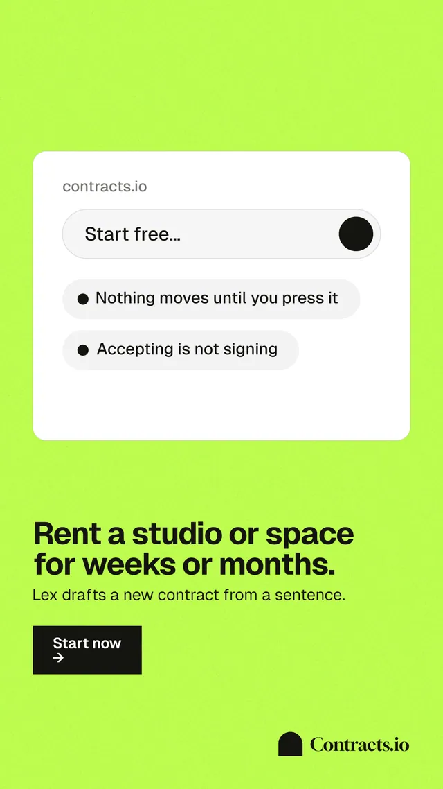 Instagram story for contracts.io: "Rent a studio or space for weeks or months." Swiss style, bottom layout, light palette in white, green.