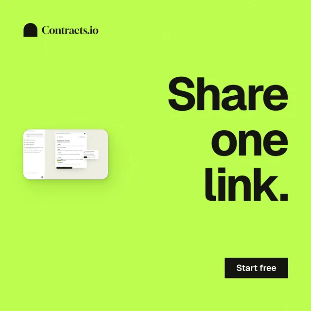 Instagram post for contracts.io: "Share one link." Swiss style, right layout, light palette in green.