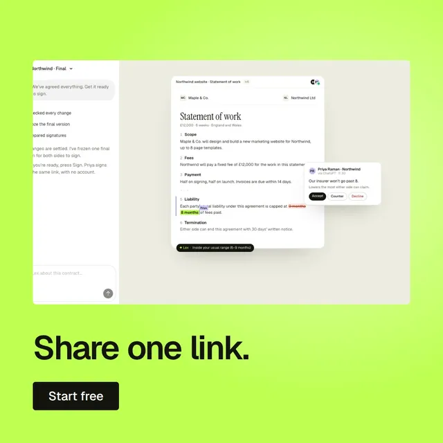Video for contracts.io: "Share one link.". Doc motion loop, 6.0 s, light palette.
