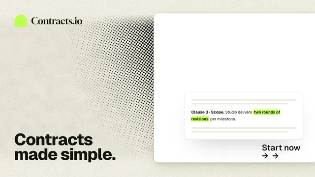 Landscape graphic for contracts.io: "Contracts made simple." Ink sticker style, image led layout, light palette in yellow, white, grey.