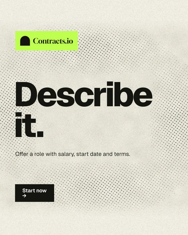 Instagram portrait post for contracts.io: "Describe it." Ink sticker style, announce layout, light palette in yellow, grey.