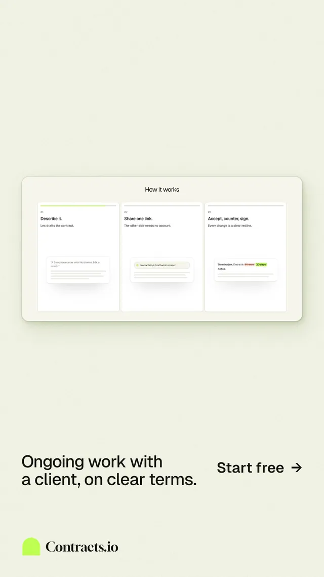 Instagram story for contracts.io: "Ongoing work with a client, on clear terms." Data card style, image led layout, light palette in white, green.
