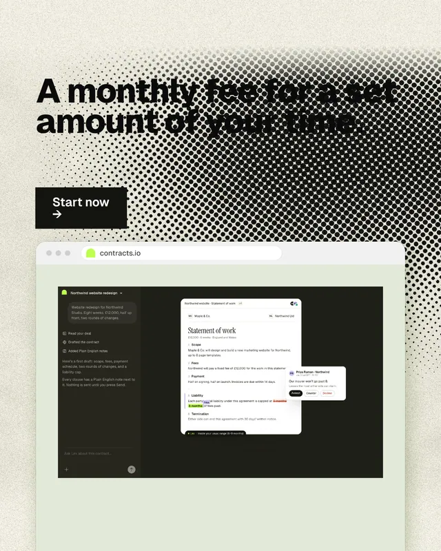 Instagram portrait post for contracts.io: "A monthly fee for a set amount of your time." Ink sticker style, browser layout, light palette in black, green, grey.