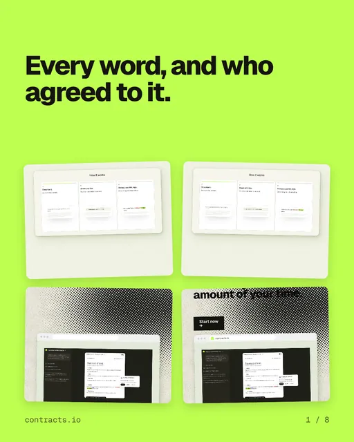 Carousel for contracts.io: "Every word, and who agreed to it.". Collection carousel, 8 slides, light palette.