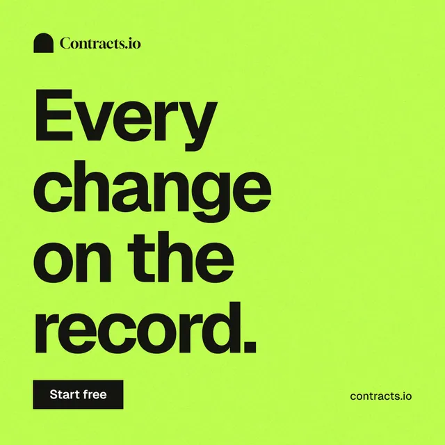 Instagram post for contracts.io: "Every change on the record." Swiss style, poster layout, light palette in green.