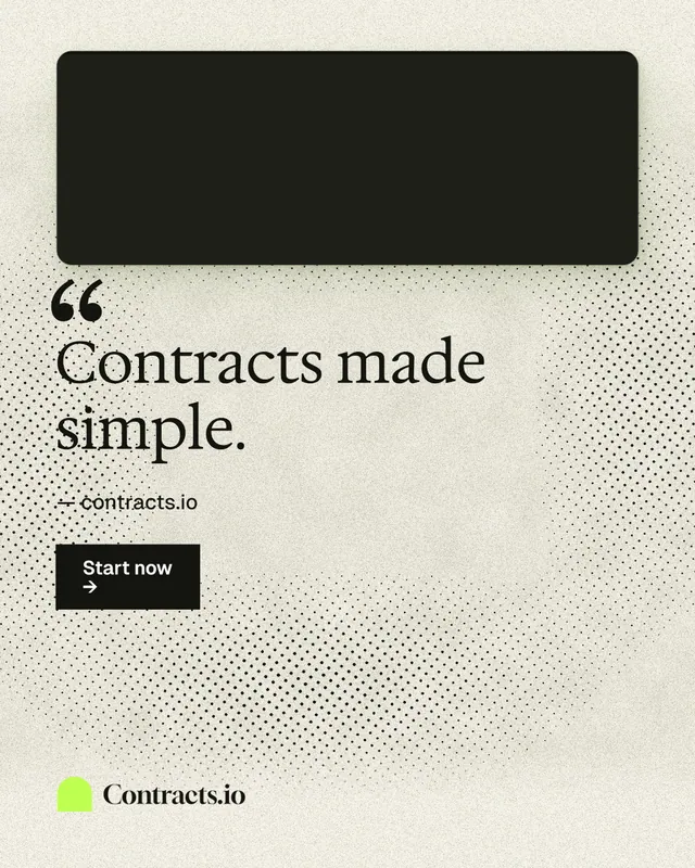 Instagram portrait post for contracts.io: "Contracts made simple." Ink sticker style, quote layout, light palette in yellow, black, grey.
