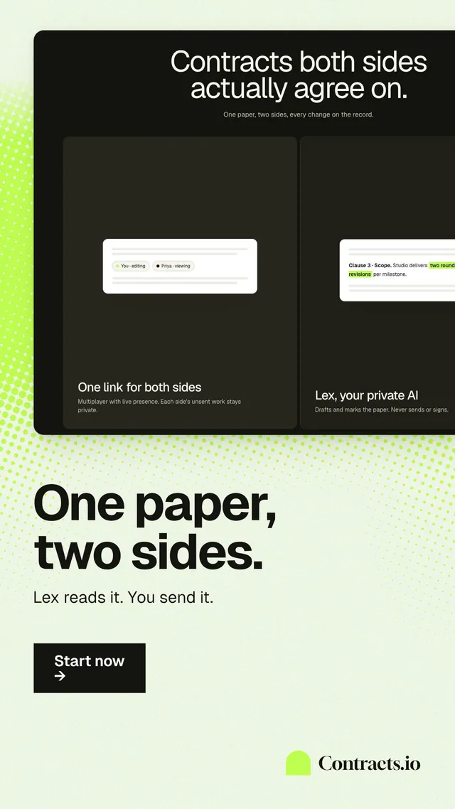 Instagram story for contracts.io: "One paper, two sides." Swiss style, bottom layout, light palette in white, black, grey.