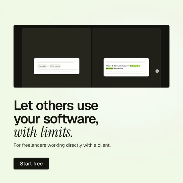 Video for contracts.io: "Let others use your software, with limits.". Doc motion loop, 7.0 s, light palette.