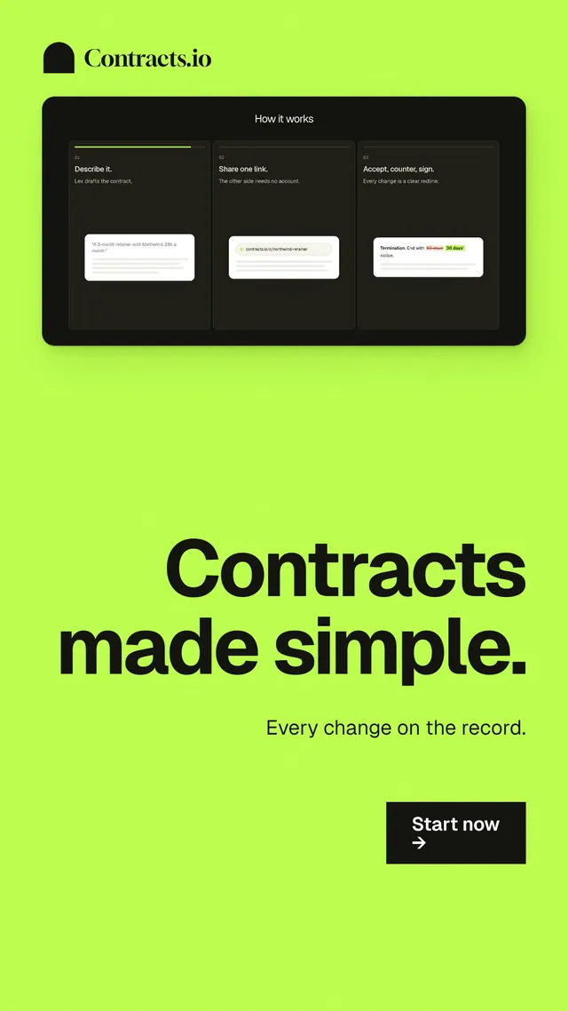Instagram story for contracts.io: "Contracts made simple." Swiss style, right layout, light palette in green, black.