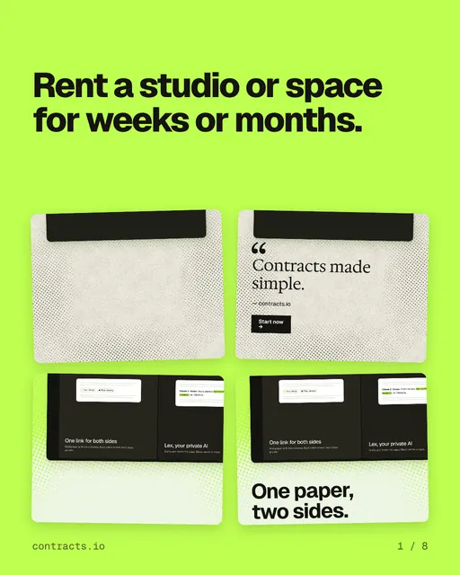 Carousel for contracts.io: "Rent a studio or space for weeks or months.". Collection carousel, 8 slides, light palette.