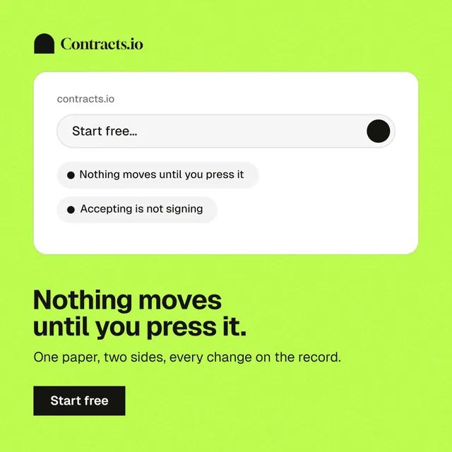 Instagram post for contracts.io: "Nothing moves until you press it." Swiss style, bottom layout, light palette in green, white.