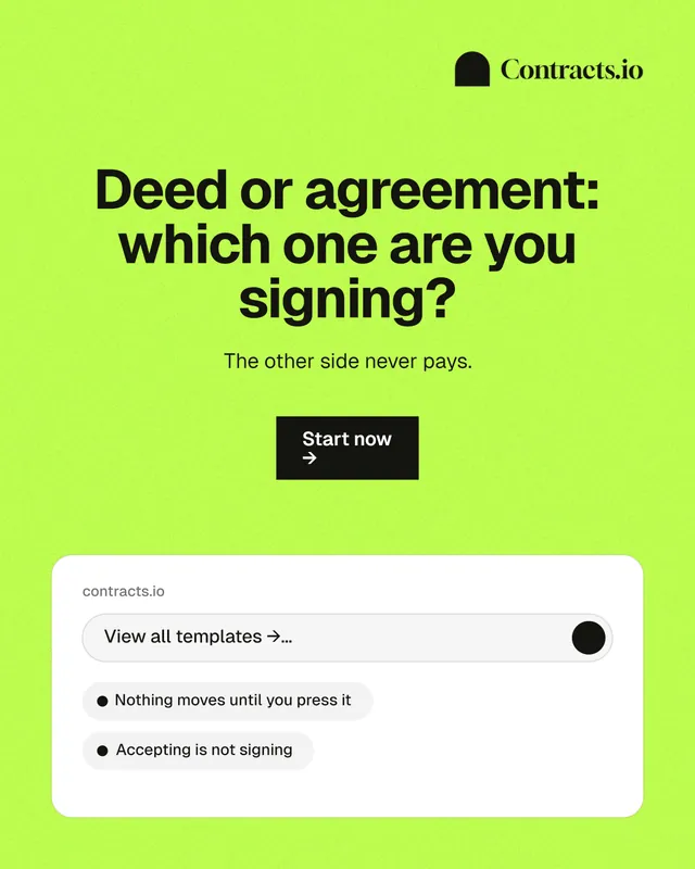 Instagram portrait post for contracts.io: "Deed or agreement: which one are you signing?" Swiss style, centred layout, light palette in green.