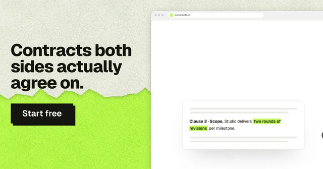 Social ad for contracts.io: "Contracts both sides actually agree on." Paper trio style, browser layout, light palette in white, grey, green.