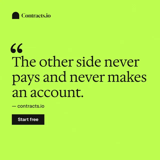 Instagram post for contracts.io: "The other side never pays and never makes an account." Swiss style, quote layout, light palette in green.