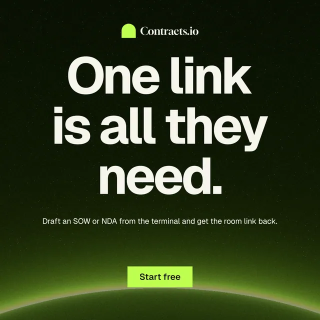 Instagram post for contracts.io: "One link is all they need." Swiss style, centred layout, dark palette in green, black, grey.