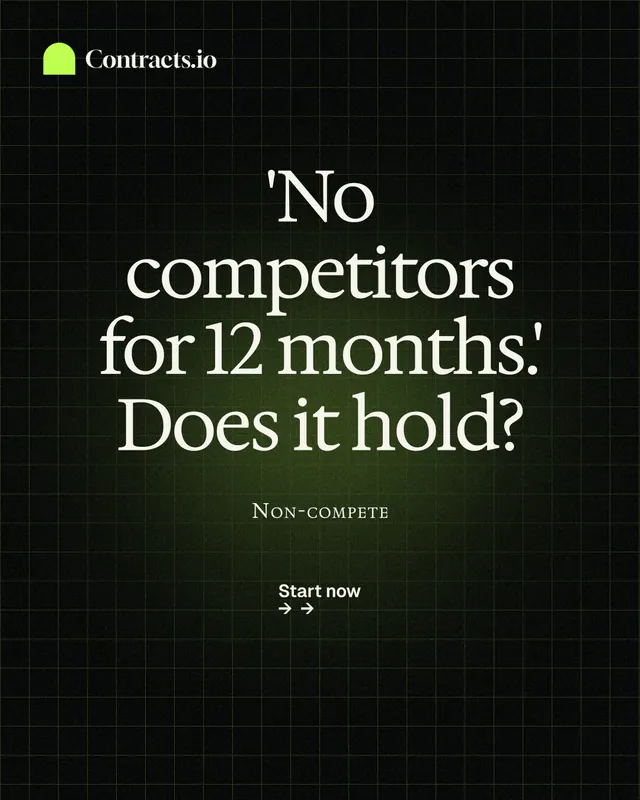 Instagram portrait post for contracts.io: "'No competitors for 12 months.' Does it hold?" Phosphor atlas style, smallcaps layout, dark palette in black, grey.