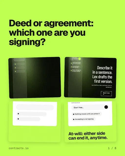 Carousel for contracts.io: "Deed or agreement: which one are you signing?". Collection carousel, 8 slides, light palette.