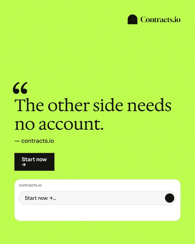 Instagram portrait post for contracts.io: "The other side needs no account." Swiss style, quote layout, light palette in green.