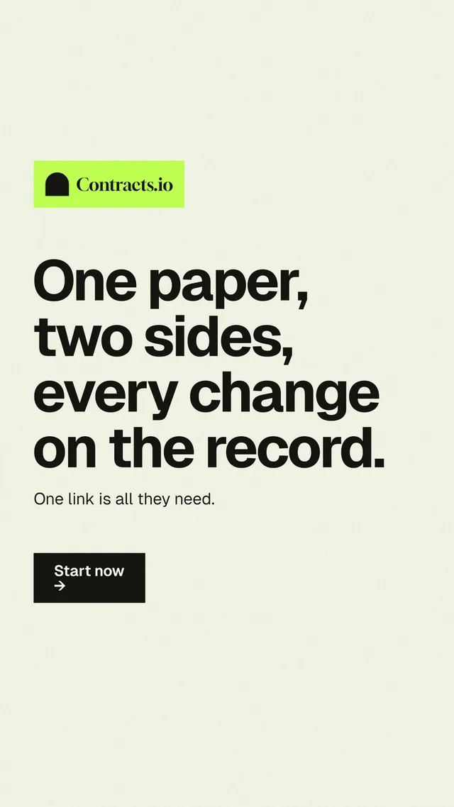 Instagram story for contracts.io: "One paper, two sides, every change on the record." Swiss style, announce layout, light palette in white, grey.
