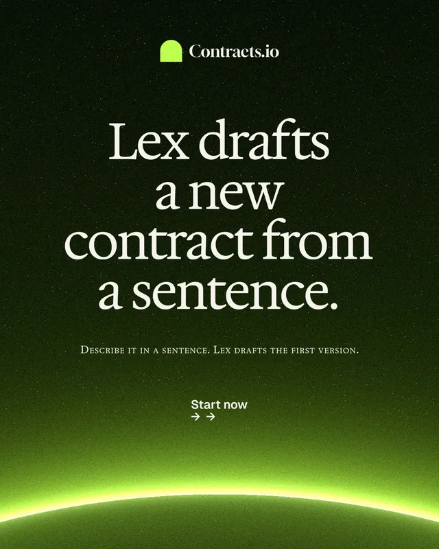 Instagram portrait post for contracts.io: "Lex drafts a new contract from a sentence." Swiss style, smallcaps layout, dark palette in green, black.
