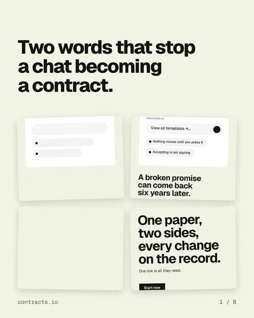 Carousel for contracts.io: "Two words that stop a chat becoming a contract.". Collection carousel, 8 slides, light palette.