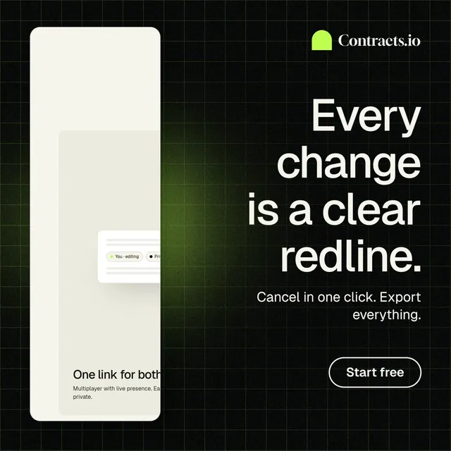 Instagram post for contracts.io: "Every change is a clear redline." Phosphor atlas style, right layout, dark palette in yellow, black.