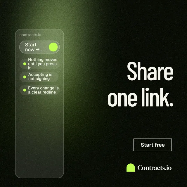 Instagram post for contracts.io: "Share one link." Dark deco style, right layout, dark palette in black, green, grey.