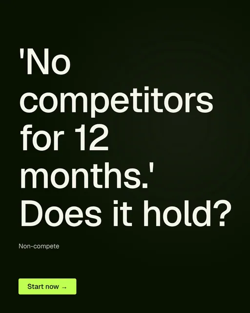 Video for contracts.io: "'No competitors for 12 months.' Does it hold?". Doc motion loop, 8.0 s, dark palette.