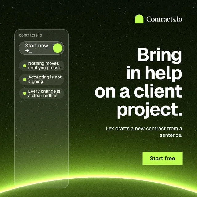 Instagram post for contracts.io: "Bring in help on a client project." Swiss style, right layout, dark palette in green, black.