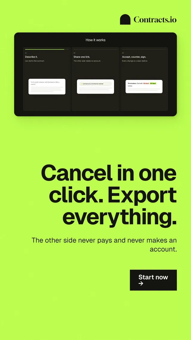 Instagram story for contracts.io: "Cancel in one click. Export everything." Swiss style, right layout, light palette in green.