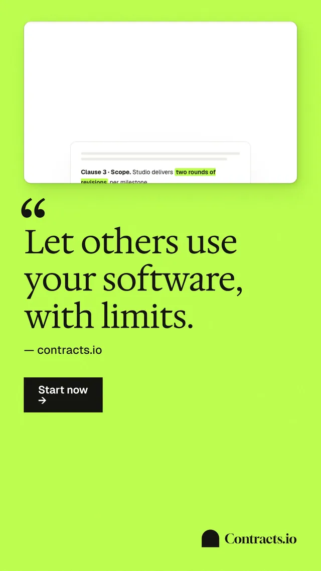 Instagram story for contracts.io: "Let others use your software, with limits." Swiss style, quote layout, light palette in green, white.