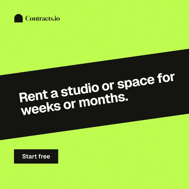 Instagram post for contracts.io: "Rent a studio or space for weeks or months." Swiss style, diagonal layout, light palette in green.